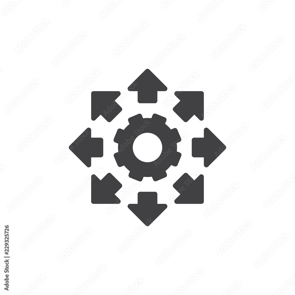 Setting gear and arrows vector icon. filled flat sign for mobile concept and web design. Move arrows simple solid icon. Symbol, logo illustration. Pixel perfect vector graphics