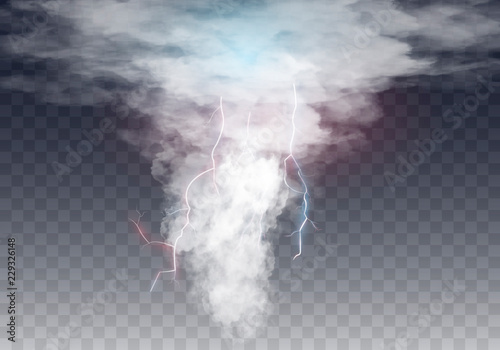 Realistic tornado with lightning, destructive hurricane isolated on transparent background. Wind cyclone, swirl with dark clouds in sky , dangerous natural disaster. Vector illustration