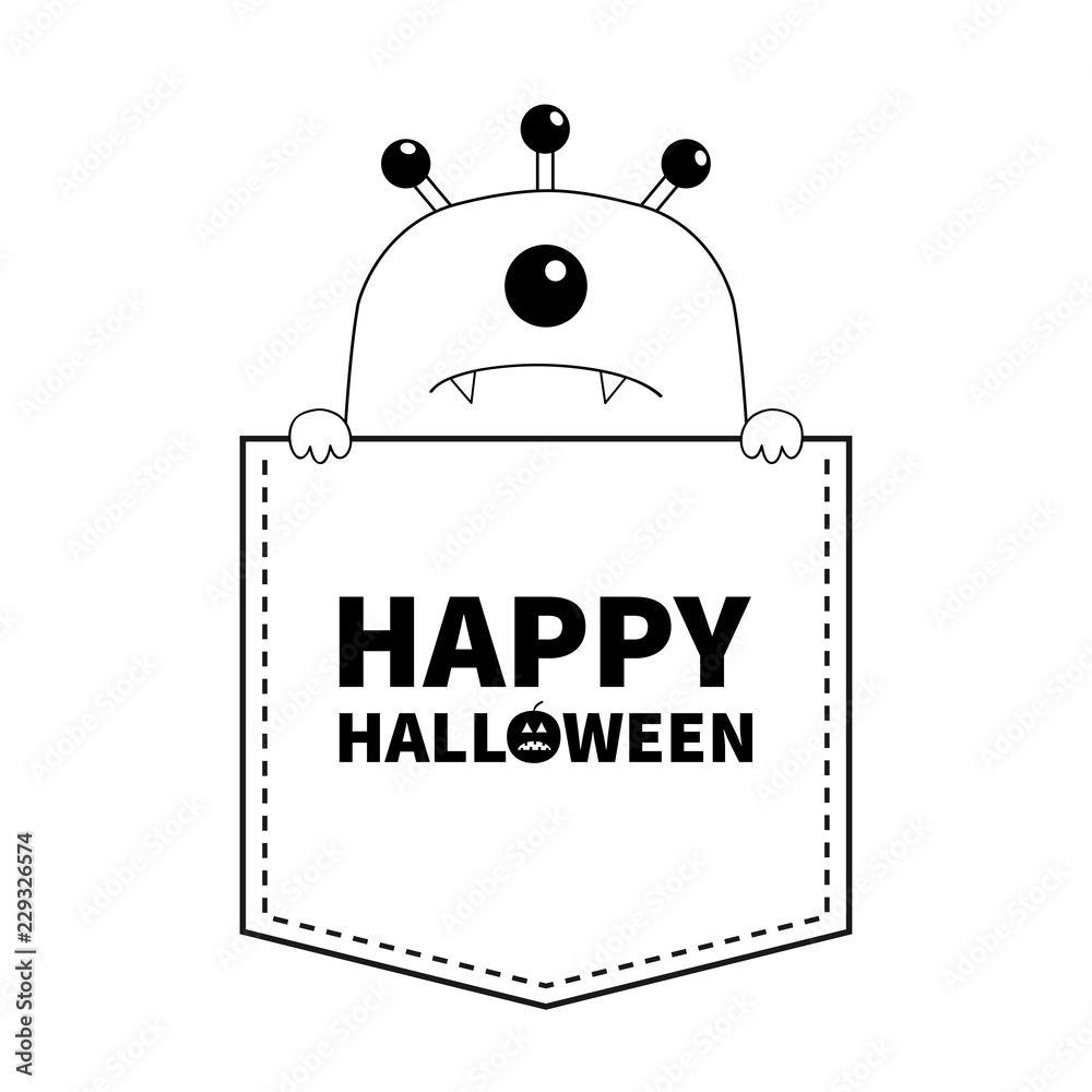 Happy Halloween. Black line contour monster silhouette in the pocket. Holding paw hands.Cute cartoon funny scary spooky character. Baby collection. T-shirt design. White background. Flat design.