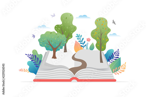 Book festival concept - a group of tiny people reading a huge open book. Vector illustration, poster and banner