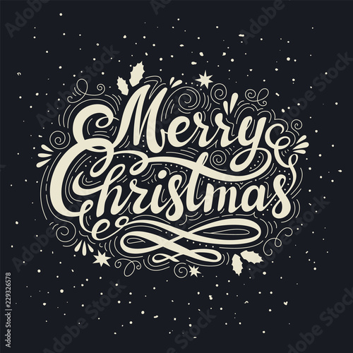 Vintage Merry Christmas handdrawn Lettering. Retro style poster with hand lettering and decoration elements. illustration.