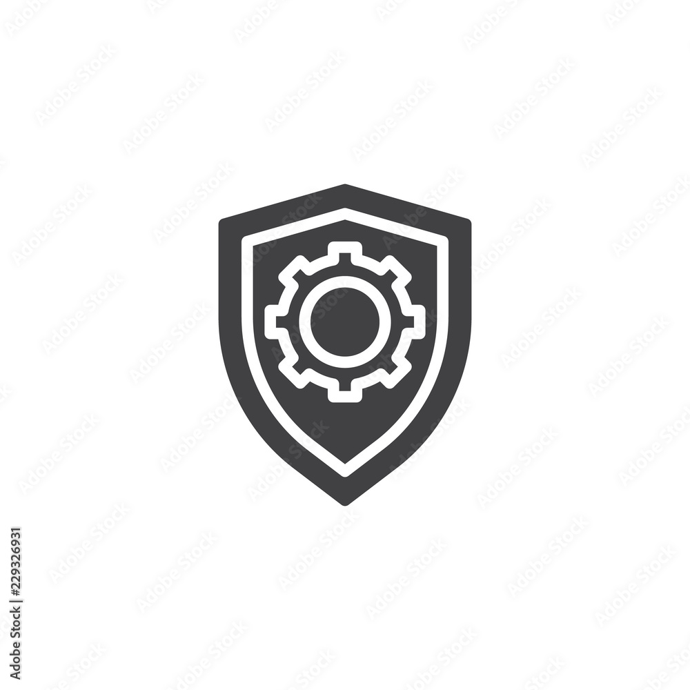 Shield with gear vector icon. filled flat sign for mobile concept and web design. Shield Protection simple solid icon. Symbol, logo illustration. Pixel perfect vector graphics Shield with gear vector icon. filled flat sign for mobile concept and web design. Shield Protection simple solid icon. Symbol, logo illustration. Pixel perfect vector graphics