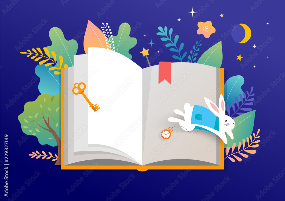 Fototapeta premium Book festival concept - a group of tiny people reading a huge open book. Vector illustration, poster and banner