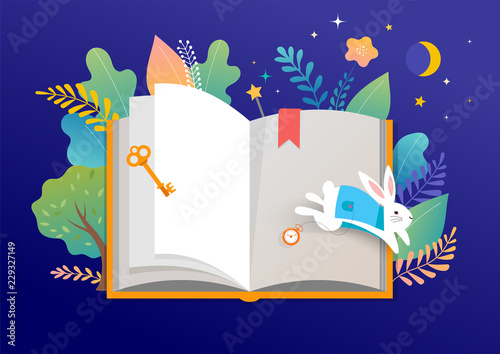 Book festival concept - a group of tiny people reading a huge open book. Vector illustration, poster and banner