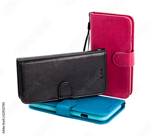 Leather mobile phone cover isolated on white background. Colorful phone case for design. ( Clipping path ) photo