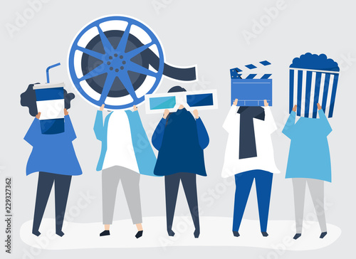 Characters of people holding movie icons illustration