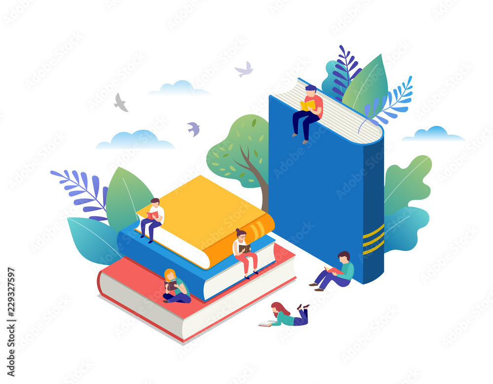 Fototapeta premium Book festival concept - a group of tiny people reading a huge open book. Vector illustration, poster and banner