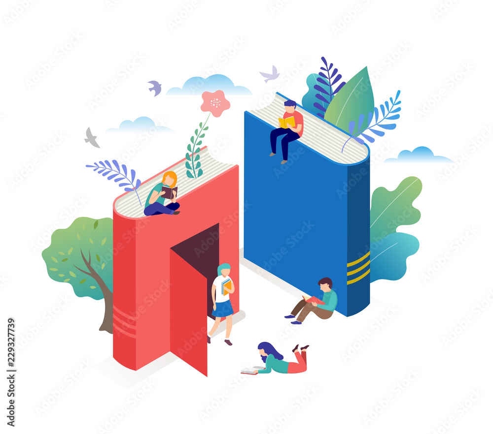 Fototapeta premium Book festival concept - a group of tiny people reading a huge open book. Vector illustration, poster and banner