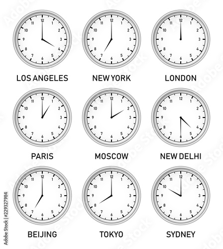 Clocks with different time zones in different big cities of the world vector