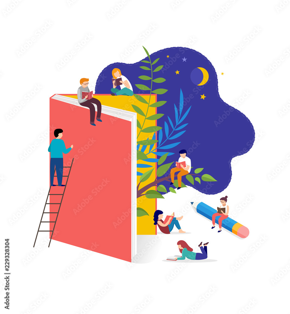 Obraz premium Book festival concept - a group of tiny people reading a huge open book. Vector illustration, poster and banner