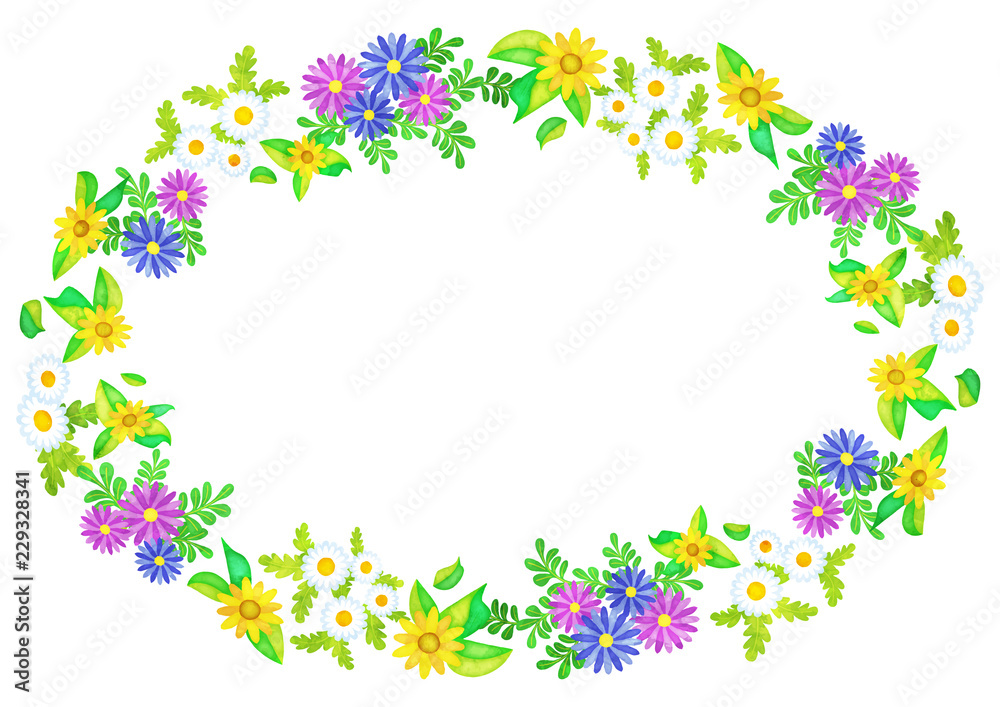 水彩風の花の楕円フレーム(ノースポール,アフリカンデージー,メランポジウム)