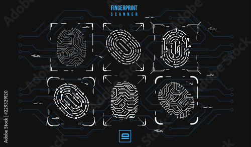 Finger-print Scanning Identification System. Biometric Authorization and Business Security Concept. Illustration with futuristic HUD UI elements.