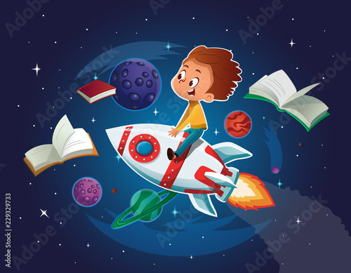 Happy Boy playing and imagine himself in space driving an toy space rocket. Books, planets, rocket and stars in a background. Vector cartoon illustration.