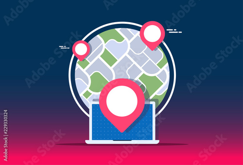 GPS navigator mock up with map on gradient background. City map with marker pin. Abstract district city map design. Vector illustration.
