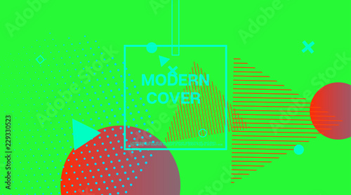 Memphis Minimal Cover Horizontal Vector Template. Neon Gradient Overlay, Small Space Particles Background. Geometric Memphis Design Elements, Horizontal Music Poster. Vintage Elemets Business Design.