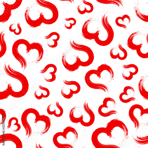 A lot of grunge red hearts on white, seamless pattern