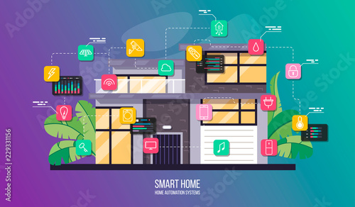 Smart house system automation infographic, modern building with rooms cross section and icons set