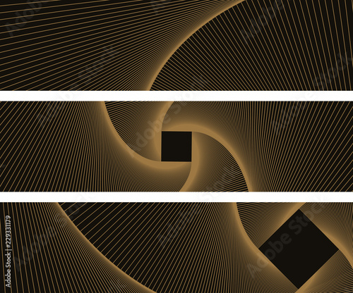 graphic abstract banners with linear vortex in gold black