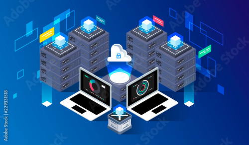 Computation of big data center, information processing, database. internet traffic routing, server room rack isometric vector technology
