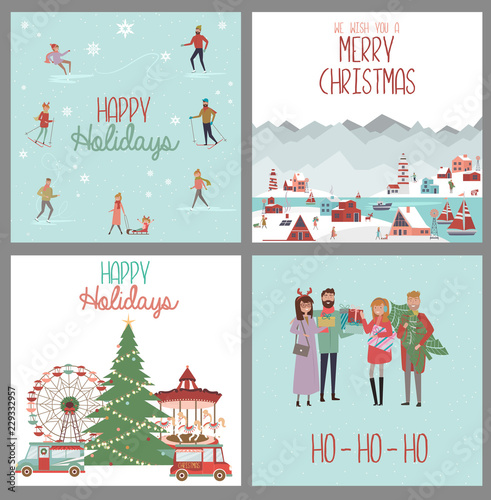 Set of cute Merry Christmas greeting cards with winter landscape, people involved in winter sports, Christmas market and houses in the Scandinavian style. Editable vector illustration