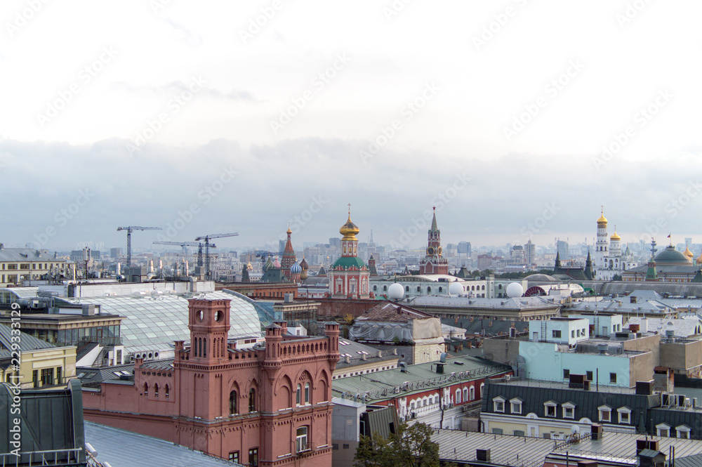 View of Moscow center from above, tops of historical buildings and architectural monuments