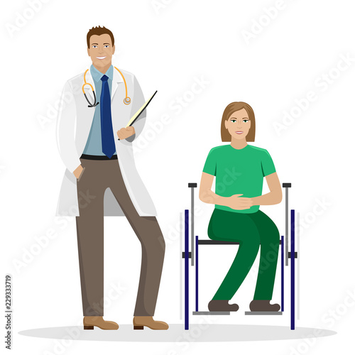 A man doctor in a white robe with a folder in his hands next to a woman disabled in a wheelchair. Medical vector illustration.