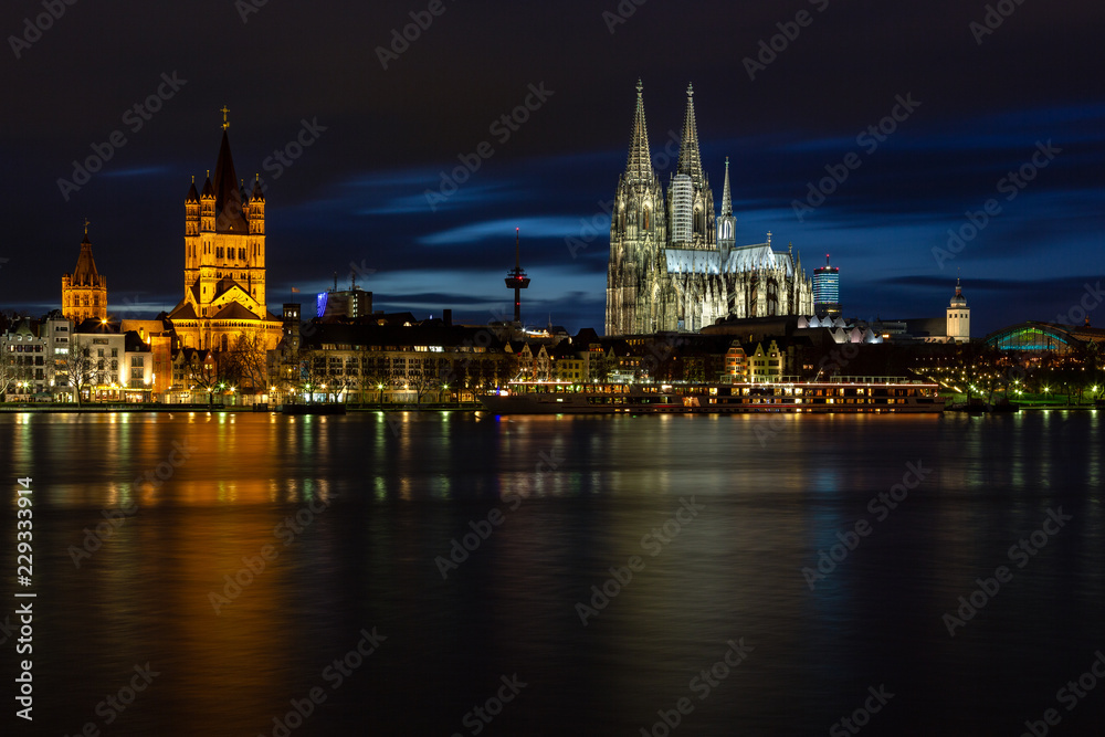 Flood in cologne at night. Cologne Cathedral.