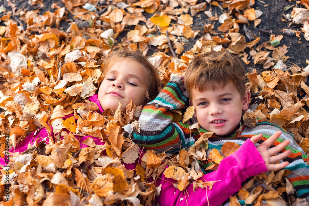 Siblings covered in autumn leaves Siblings covered in autumn leaves