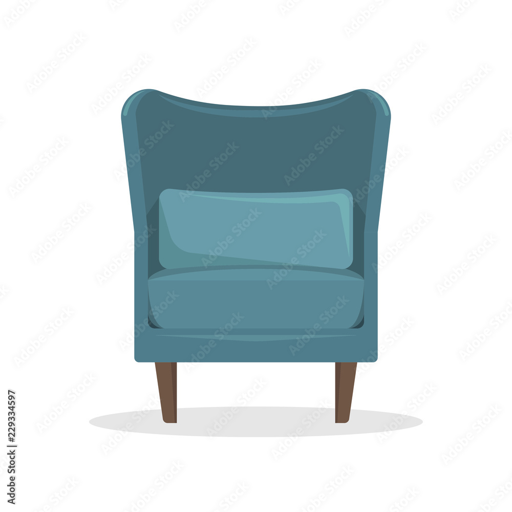 Fototapeta premium Flat vector illustration. Blue velvet armchair in retro style. An isolated figure.