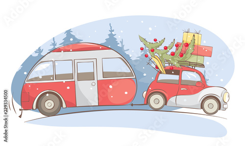 Christmas holiday, Winter vacations / Funny retro car with camping truck goes on a winter trip, vector illustration
