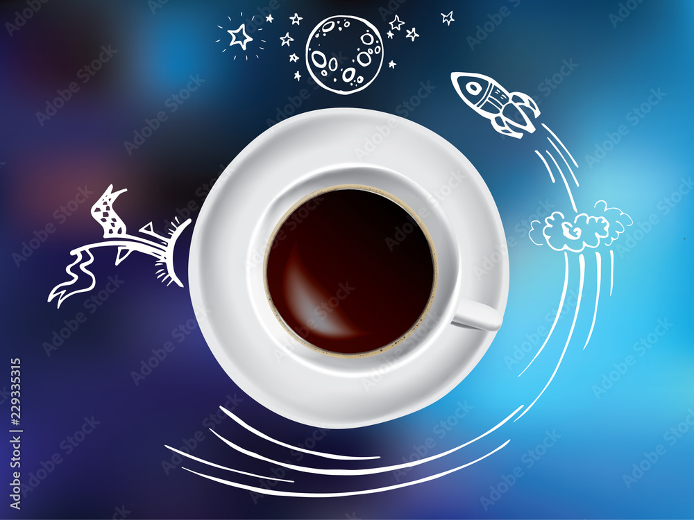 Coffee cup concept - hot coffee mug with space and science doodle infographics. Rocket, planet and Earth with coffe break Coffee cup concept - hot coffee mug with space and science doodle infographics. Rocket, planet and Earth with coffe break