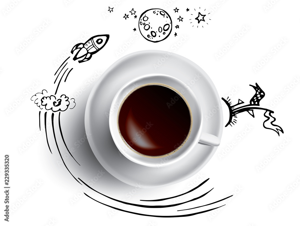 Coffee cup concept - hot coffee mug with space and science doodle  infographics. Rocket, planet and Earth with coffe break Stock Vector |  Adobe Stock