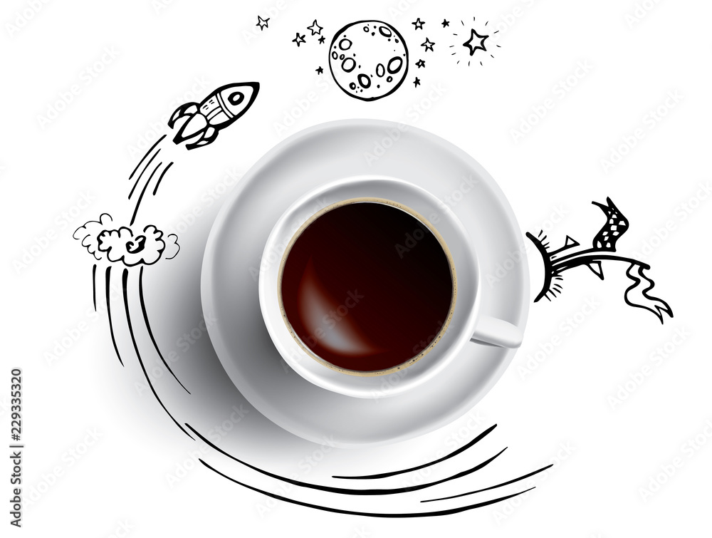 Coffee cup concept - hot coffee mug with space and science doodle infographics. Rocket, planet and Earth with coffe break Coffee cup concept - hot coffee mug with space and science doodle infographics. Rocket, planet and Earth with coffe break