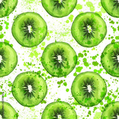 Qiwi slice seamless hand draw art pattern with watercolor splashes. Summer fruit qiwi repeat background with green round qiwi slices and watercolor elements photo