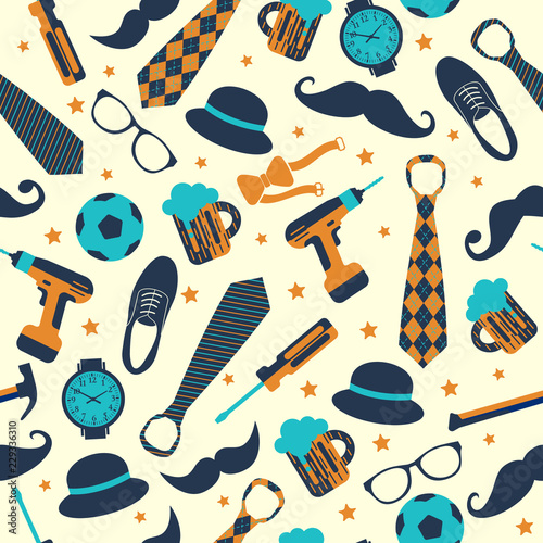 Seamless pattern of Fathers day. Flat set icons on white background.