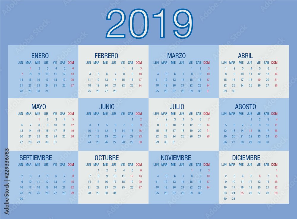 Calendario 2019 en español con festivos (Azul, crema) Stock Vector | Adobe  Stock