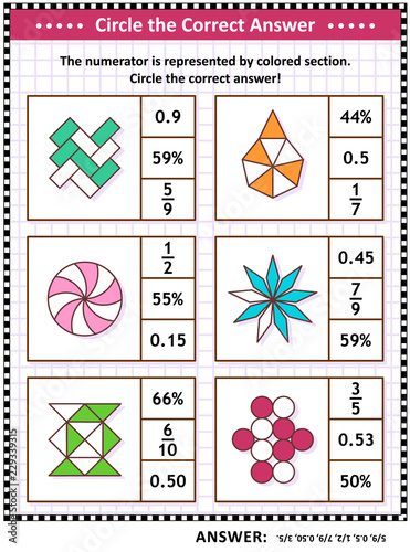 Math skills and IQ training visual puzzle or worksheet for schoolchildren and adults. Circle the correct answer. Find the number equivalent for each pictorial fraction representation. 