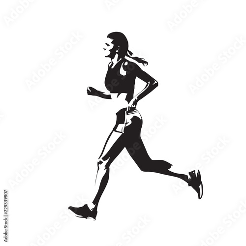 Running woman, isolated vector silhouette, side view. Ing drawing marathon runner