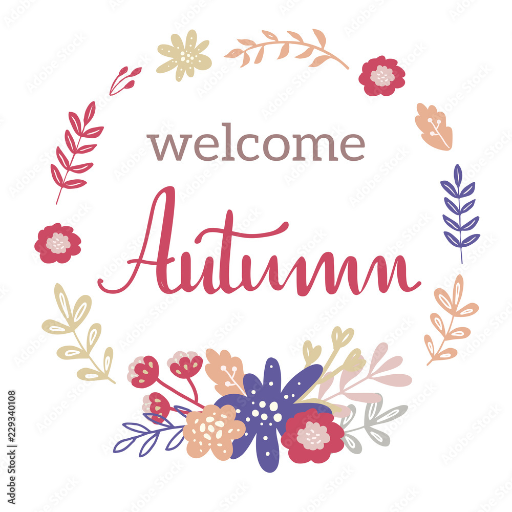 Welcome Autumn card with hand lettering and floral wreath