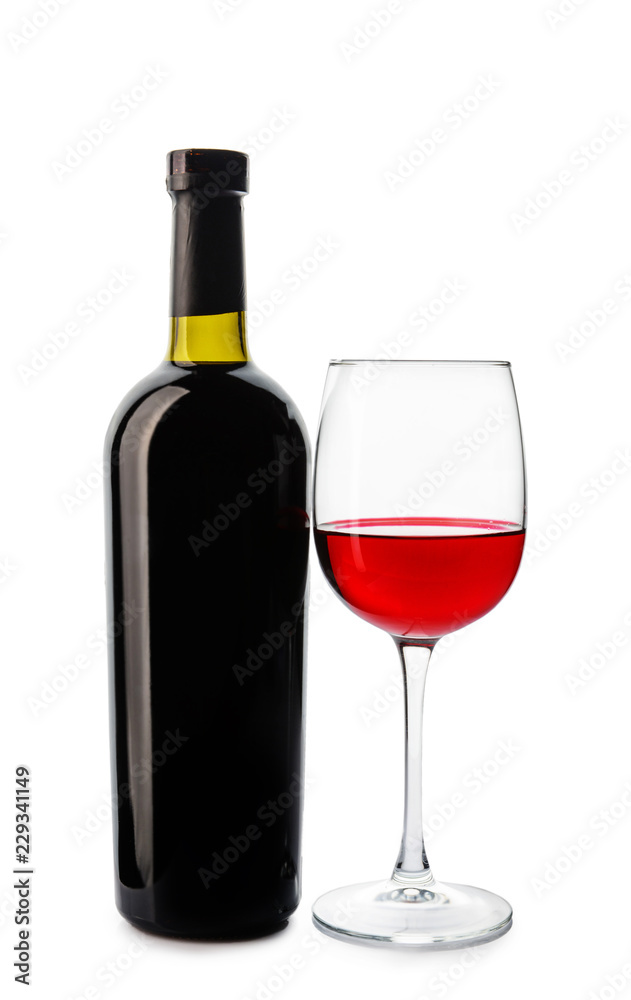 Glass and bottle with tasty wine on white background Glass and bottle with tasty wine on white background