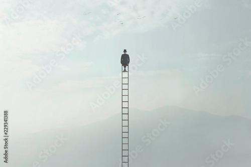 surreal image of a man who is sitting on a very high ladder in the middle of nature