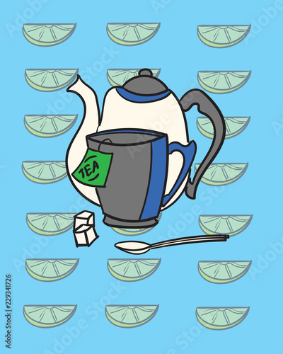 Tea cup and kettle Vector background. Tea time lemons templates
