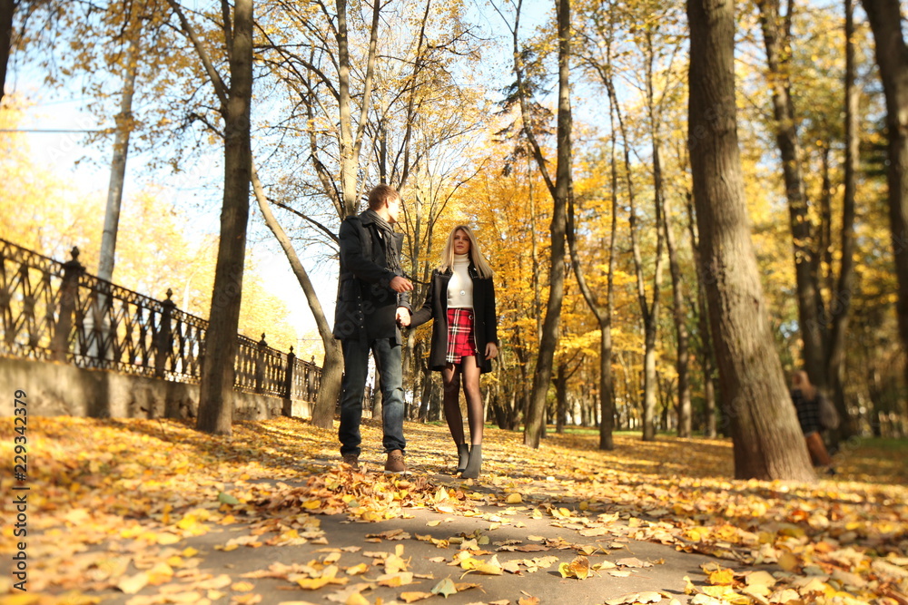 couple people young man and women walking autumn park fanny sunny day