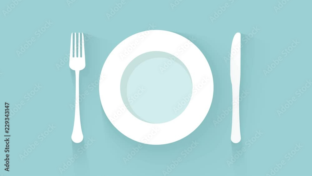 plate, knife and fork place setting on oblue background