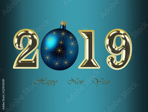 Happy New Year 2019 Greeting Card - Golden Shiny Numbers on Dark Background , Illustration photo