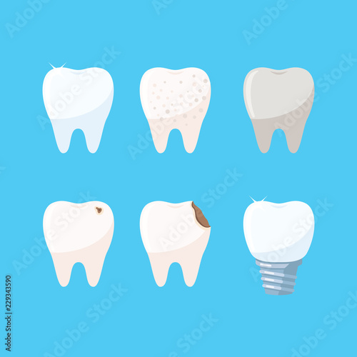 Set of teeth icons. Dental problems. Teeth whitening, caries, implant. Dental clinic services. Vector illustration in flat style