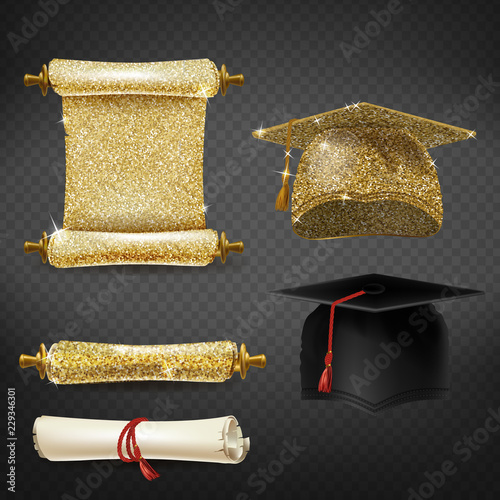 Vector set with black and golden graduation caps, glittering diplomas isolated on background. Square academic hats, mortarboards with tassels, document of master degree in university or college