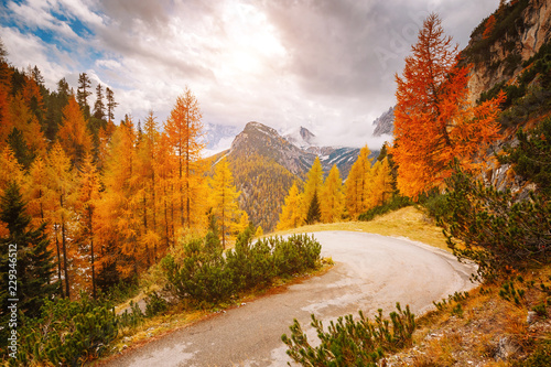 Stunning image of the alpine road. Location place National Park Tre Cime di Lavaredo.