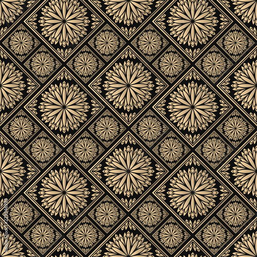 Islamic vector design. Seamless pattern oriental ornament. Black and golden textile print. Floral tiles.