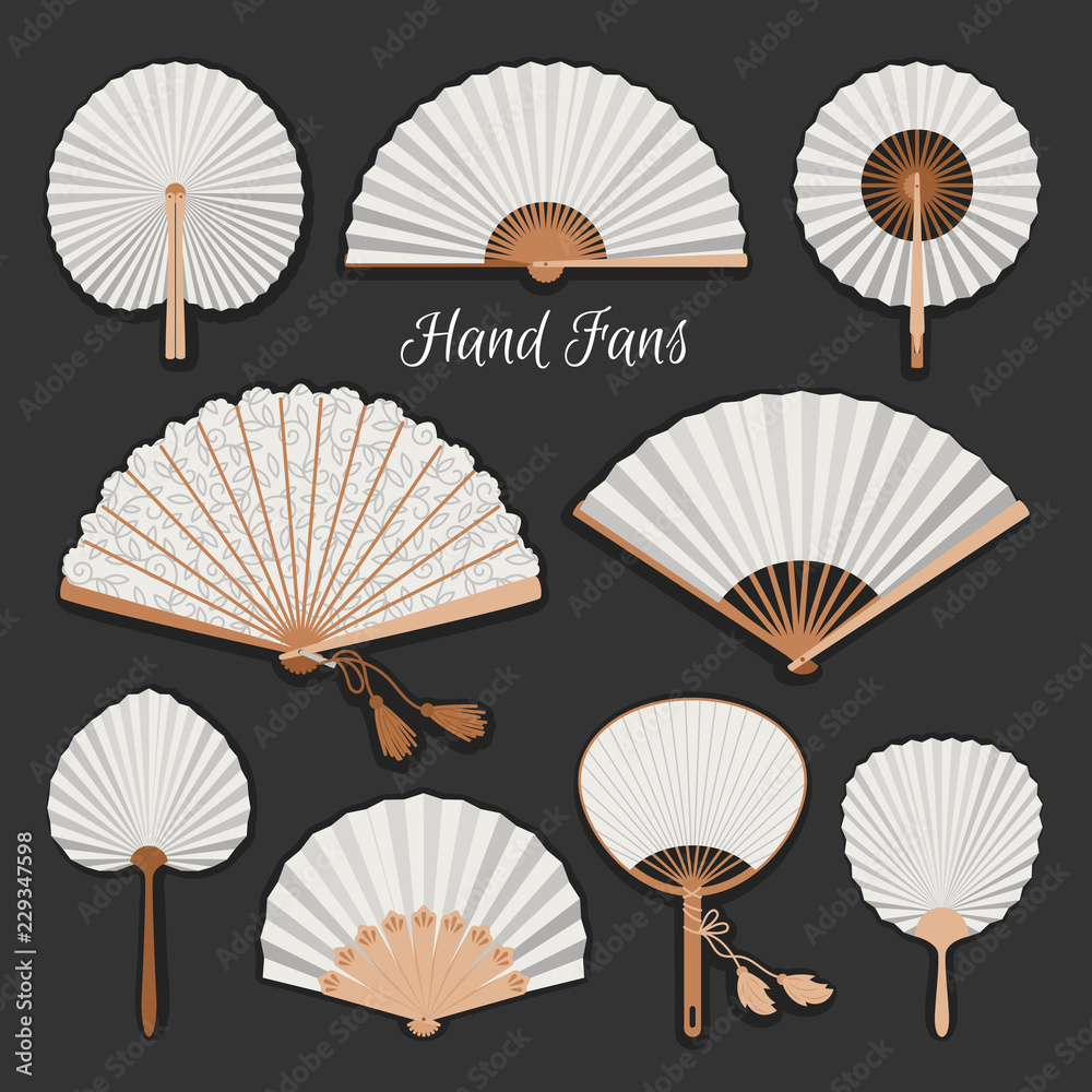 Chinese fans. Japanese traditional hand fan set vector illustration, vintage woman paper fans isolated - obrazy, fototapety, plakaty 